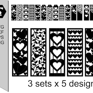 Paquete SVG de 15 diseños de marcapáginas decorados con corazones + archivos dxf, eps, png, plantillas personalizables/archivos de corte, regalos fáciles de hacer para amantes de los libros/profesores