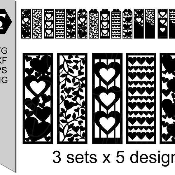 15 designs heart decorated bookmark SVG bundle + dxf, eps, png files, customizable templates/cut files, easy DIY book lover / teachers gifts