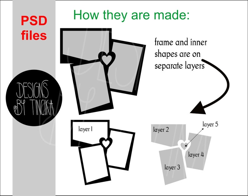 May include: Illustration showing how a layered PSD file is created. The image shows a black and white frame with a heart inside. The frame and heart are on separate layers. The text "frame and inner shapes are on separate layers" is also included in the image.