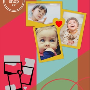 May include: A layered PSD template for creating photo collages. The template features a colorful background with geometric shapes and three photo frames with hearts. The text "Etsy shop >>" is visible in a circle at the top left corner.