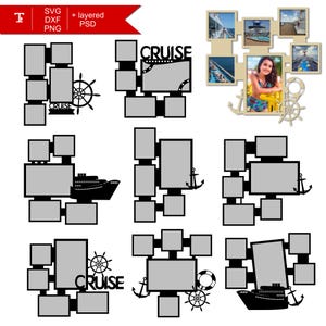 May include: A set of nine black and white photo frame templates with the word "Cruise" in a banner at the top of three of the frames. The frames are arranged in a grid pattern with a ship and anchor design.