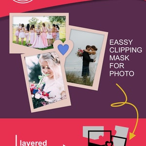 May include: A digital collage frame template for 3 or 5 pictures. The template is layered in Photoshop (PSD) format. The image shows a collage of wedding photos with a blue heart and a pink heart.