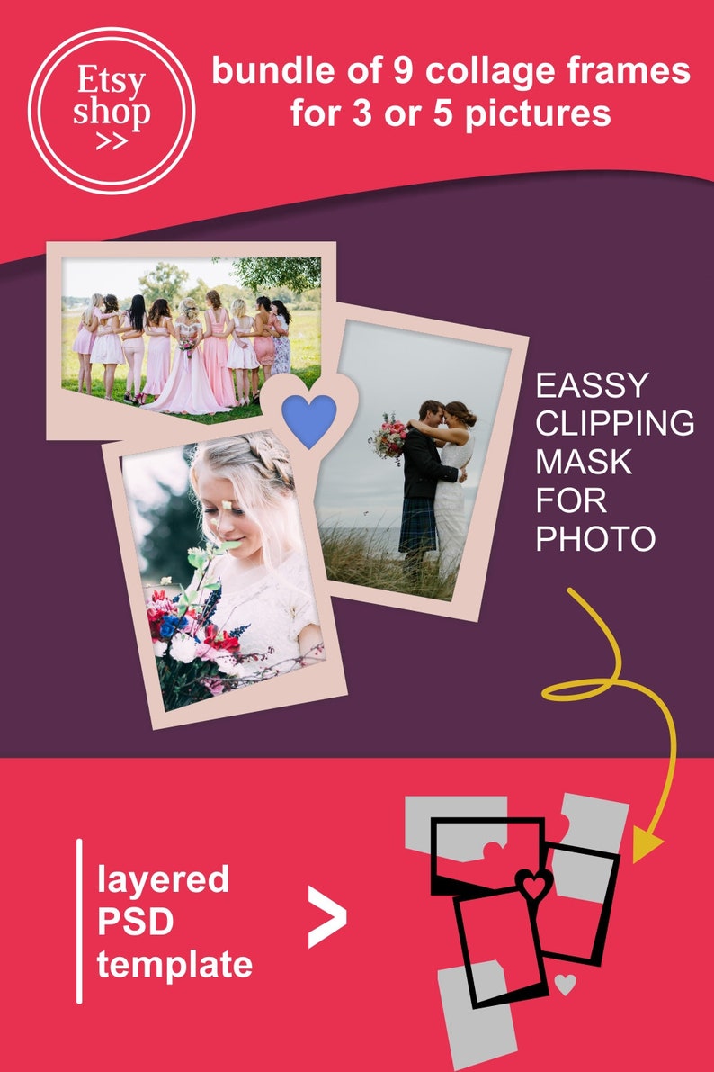 May include: A digital collage frame template for 3 or 5 pictures. The template is layered in Photoshop (PSD) format. The image shows a collage of wedding photos with a blue heart and a pink heart.