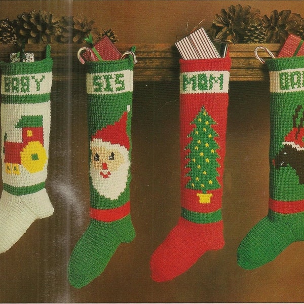 Vintage Christmas Afghan Crochet Pattern, Family STOCKING Pattern, Tunisian crochet, Retro PDF Instant Digital Download,