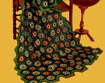 Crochet Afghan Blanket Pattern, vintage PDF Instant Digital Download, granny square Motifs, crochet colourful floral Blanket, 1950s