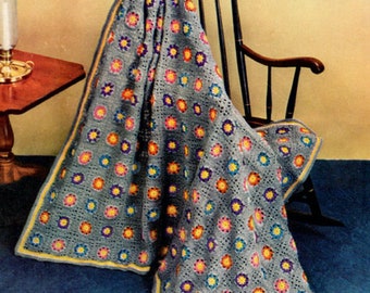 Crochet Afghan Blanket Pattern, vintage PDF Instant Digital Download, flower granny square Motifs, crochet colourful floral Blanket, 1950s