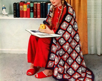 Crochet Afghan Blanket Pattern, vintage PDF Instant Digital Download, granny square Motifs, crochet colourful Blanket, 1950s