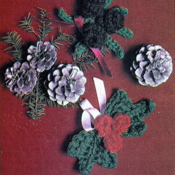 Christmas Pins Holly and Poinsettia crochet Pattern, vintage PDF Instant Digital Download, New Year package decoration, christmas ornaments