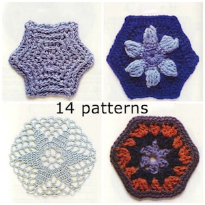 Vintage Hexagon Granny Squares Pattern, PDF Instant Digital Download, e-Book crochet ornaments, Crochet afghan motifs