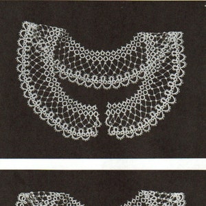 May include: Two white lace collars, one on top of the other, against a black background. The top collar is slightly larger than the bottom collar. The collars are both made of delicate lace with a scalloped edge. The text "Collar #1" is below the top collar and "Collar #2" is below the bottom collar.