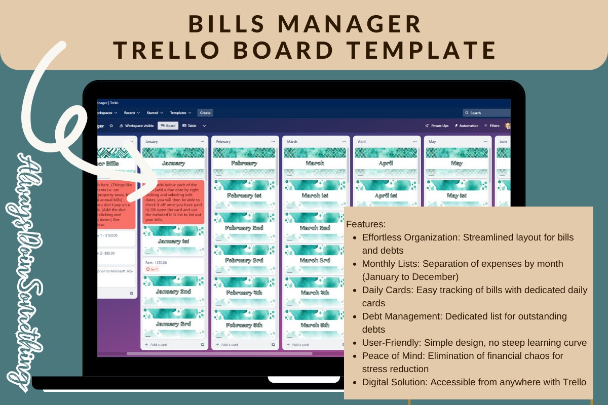 Easy Home Finances Organization - Bills Manager Trello Board Template