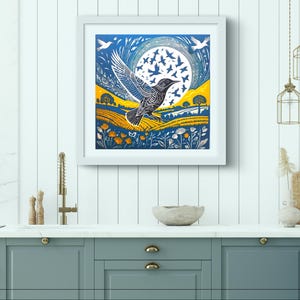 Starling Murmuration/ Linoprint/ Illustration/Art Print/Blue/ Yellow/ Birds/Countryside/Wall Art/Autumn