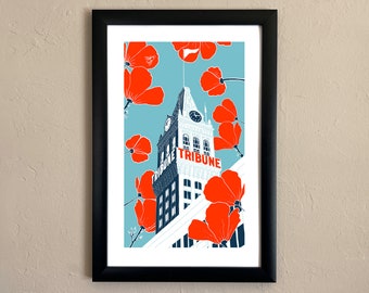 Tribune Tower Poppies | Oakland, CA | Poster | Bay Area| California | landmarks | travel poster | tourism poster | wall art | fine art print