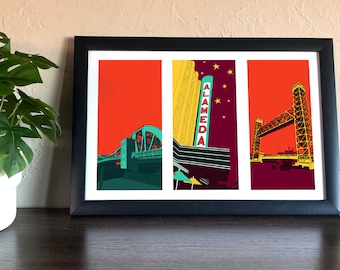 Alameda Triplet (Theater, Park St Bridge, Fruitvale Railroad) | Alameda, CA | Poster | Bay Area| landmarks | East Bay | art triplet