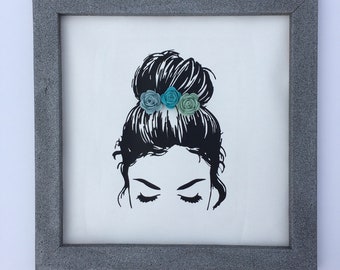 12x12 Reverse Canvas Girl with Bun and 3D Rolled Flowers Boss Babe Wall Decoration