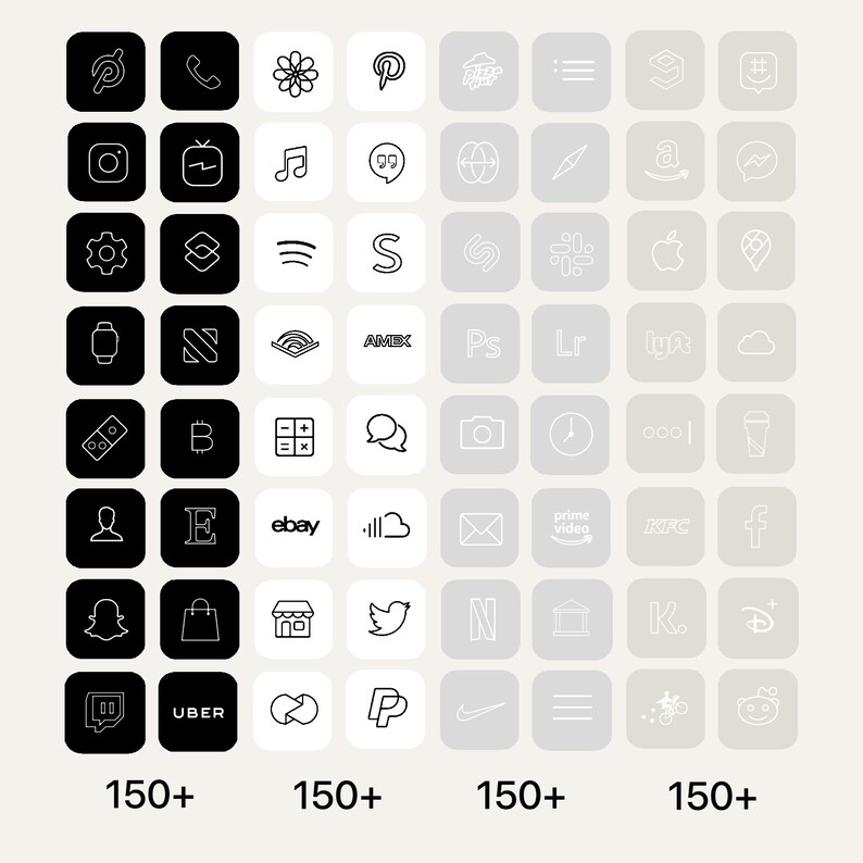 Minimal IOS 14 App Icons Black White Grey Modern Dark Etsy
