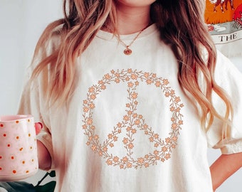 Hippie Peace Sign Shirt, Boho Peace Oversized Tee, Floral Peace Symbol, Wildflowers T-Shirt, Peace Symbol Shirt, Graphic Tees For Women