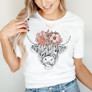 Cute Cow Shirt, Floral Cow Shirt For Mom, Highland Cow Shirt, Cow Gifts For Her, Heifer Shirt, Farm T-shirt, Ranch Tee, Farmer, Cowgirl