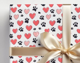 Wrapping Paper, Dog Paw and Heart Design, Pet Gift Wrap Roll, Red Hearts Birthday Gift, Dog Lover Present, Pet Owner Supplies