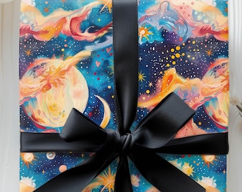 Celestial Wrapping Papers - Moon, Sun, and Stars Gift Wrap, Galaxy Gift Wrap, Space Themed Wrapping Sheets, Universe Gift Wrap, Astronomy