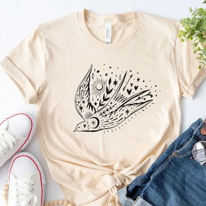 Bird T-shirt, Floral Sun Moon Shirt, Boho Graphic Women Shirt, Celestial Graphic Birds, Freedom Bird shirt, Gift for Mother, Sister Gift