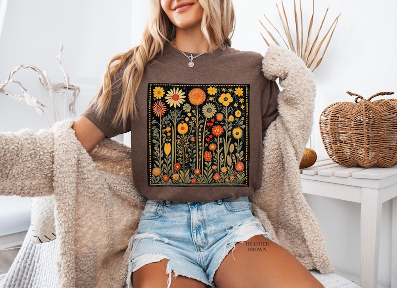Vintage Floral Shirt, Retro Flower Tee, Folk Art Bohemian, Hippie Style, Goblincore Shirt Nature Lover Gift, Cottagecore Shirt Gift For Her