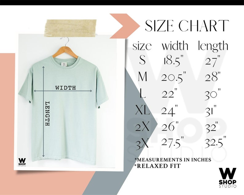 May include: A light green t-shirt hanging on a wooden hanger. The image includes a size chart with measurements in inches for sizes S through 3X. The text on the chart indicates a relaxed fit.