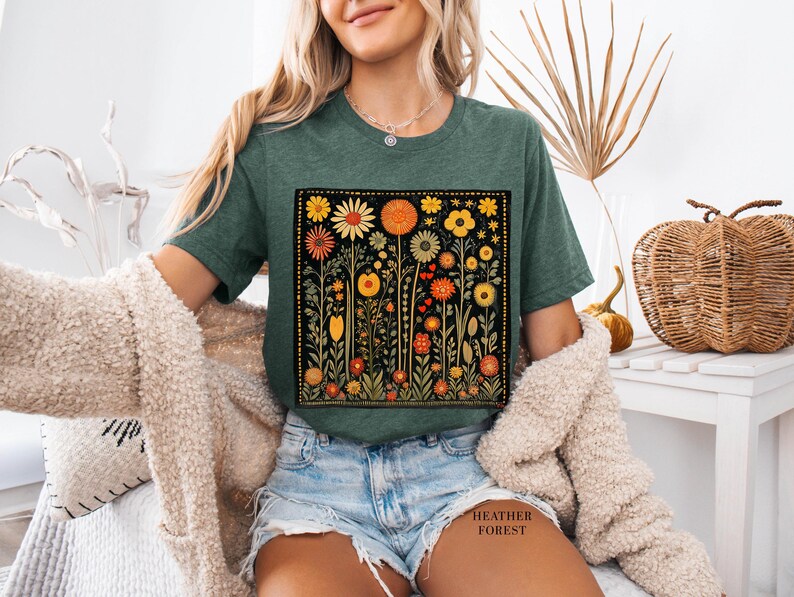 Vintage Floral Shirt, Retro Flower Tee, Folk Art Bohemian, Hippie Style, Goblincore Shirt Nature Lover Gift, Cottagecore Shirt Gift For Her