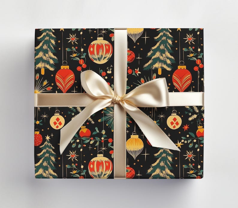 Retro Wrapping Paper, Christmas Vintage Style, 1950s Decor Gift Package Paper, Festive Xmas Print for Presents, Holiday Gift Decoration