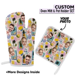May include: Custom oven mitt and pot holder set with a tropical design. The set features a pattern of lemons, pineapples, palm trees, and faces. The mitt has a white loop for hanging.