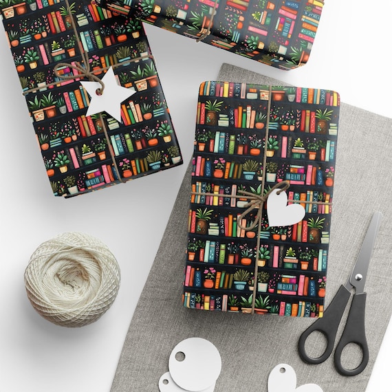 Wrapping Paper, Books and Plants Gift Wrap Roll, Book Lover Present Wrap, Plant Lover Wrapping, Holiday Gift Wrap, Present Wrapping