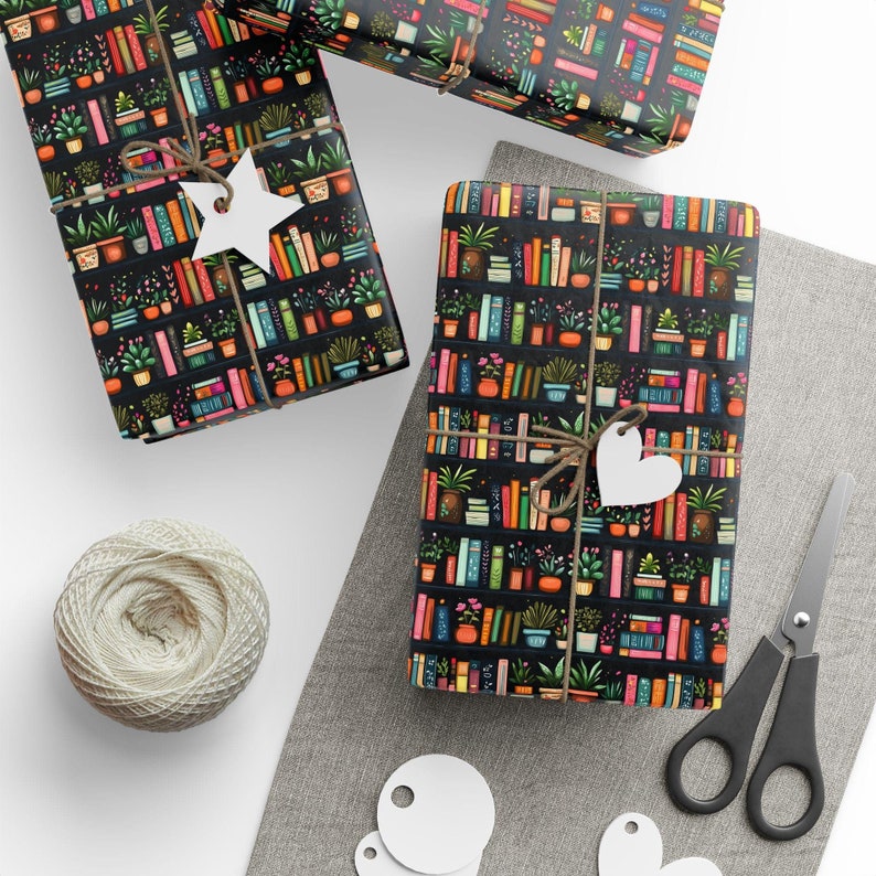 Wrapping Paper, Books and Plants Gift Wrap Roll, Book Lover Present Wrap, Plant Lover Wrapping, Holiday Gift Wrap, Present Wrapping