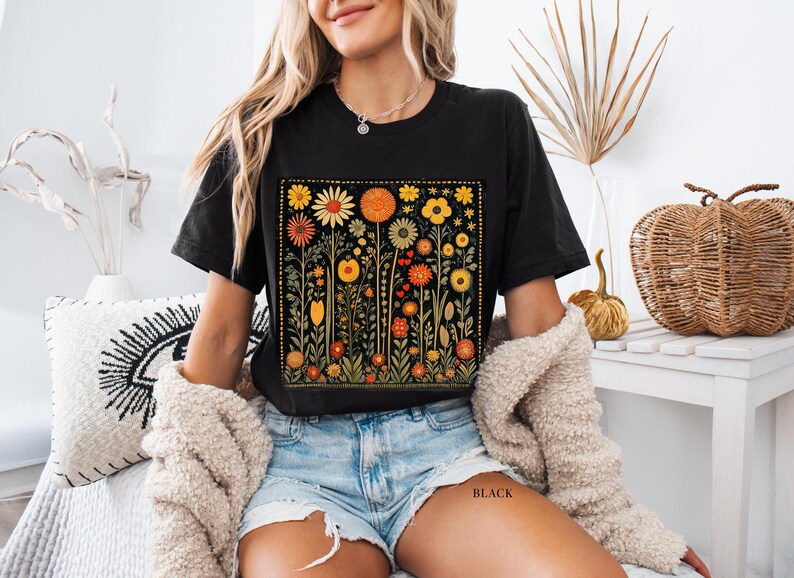 Vintage Floral Shirt, Retro Flower Tee, Folk Art Bohemian, Hippie Style, Goblincore Shirt Nature Lover Gift, Cottagecore Shirt Gift For Her