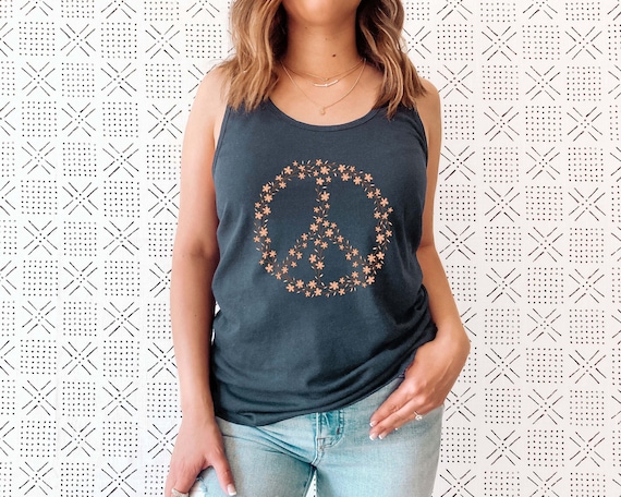 Navy Blue Tank Top With Peace Sign & Flowers Navy Blue Tank Top With Peace Sign & Flowers