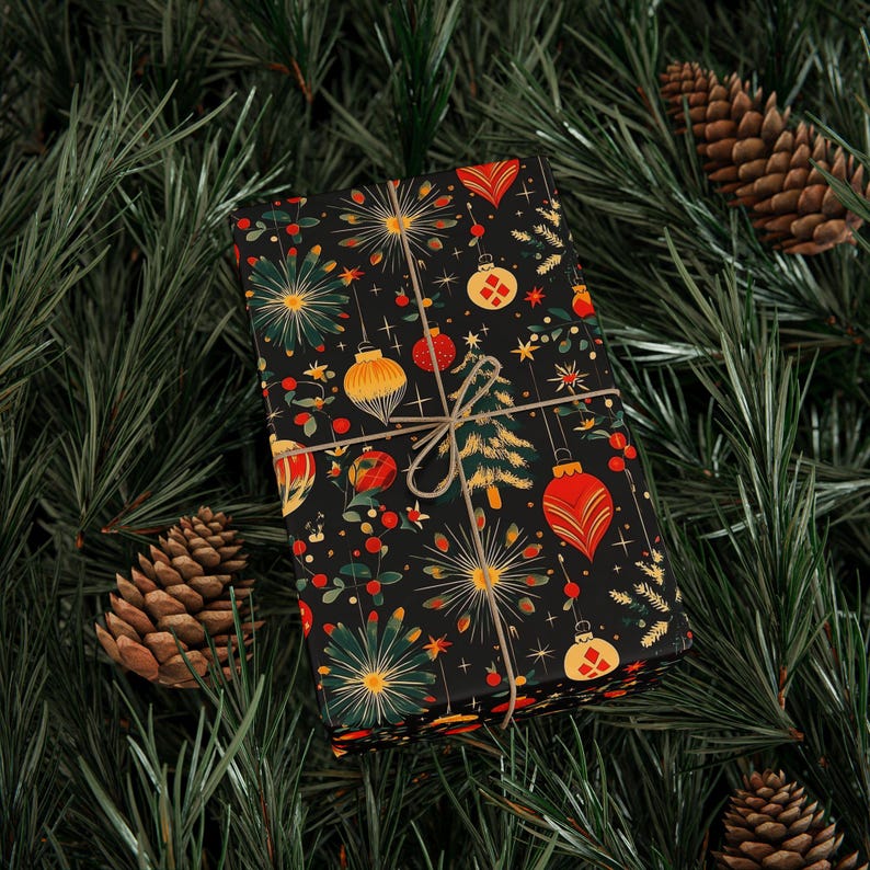 Retro Wrapping Paper, Christmas Vintage Style, 1950s Decor Gift Package Paper, Festive Xmas Print for Presents, Holiday Gift Decoration
