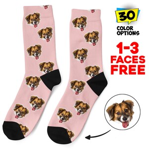 May include: A pair of pink socks with a repeating pattern of dog faces. The socks are available in 30 color options and you can add 1-3 faces for free.