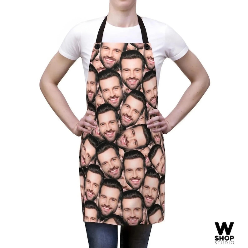 Man wearing a personalized white apron with his dog’s face printed on the front, perfect pet lover gift for grilling and cooking. Personalized Faces Apron, Custom Photo Apron for Women and Men.