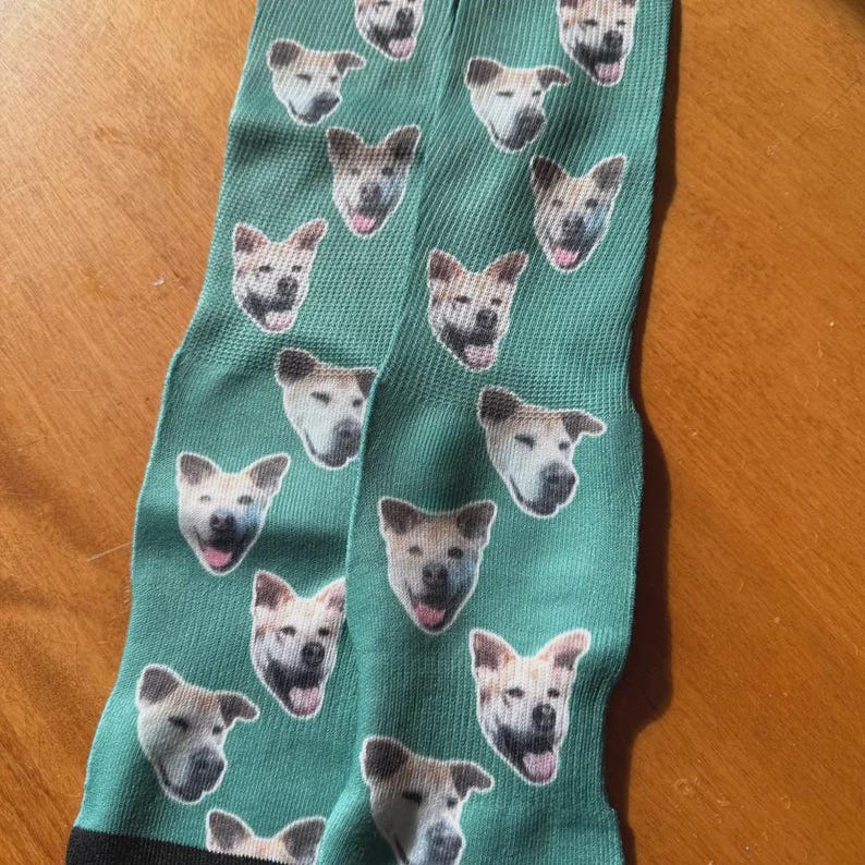 Green custom dog face socks with repeated pet photo print