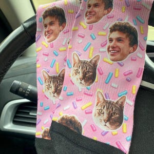 Pink personalized face socks with custom photo print and cat faces