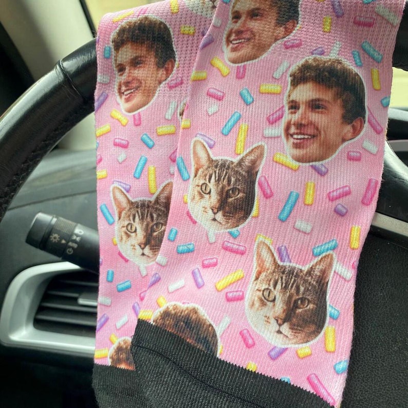 Pink personalized face socks with custom photo print and cat faces