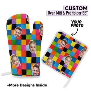 May include: Custom oven mitt and pot holder set with a colorful checkerboard pattern. The mitt and pot holder feature a repeating pattern of faces. The text "CUSTOM Oven Mitt & Pot Holder SET" and "YOUR PHOTO" are visible.