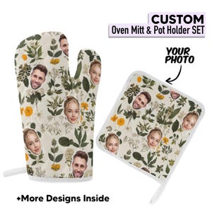Custom Photo Oven Mitt, Personalized Face Kitchen Gift, Botanical Leaf Design, Pot Holder