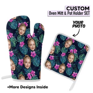 May include: Custom oven mitt and pot holder set featuring a tropical floral design with a woman's face. The set includes a mitt and a square pot holder. The text "CUSTOM Oven Mitt & Pot Holder SET" is visible. The text "YOUR PHOTO" is also visible.