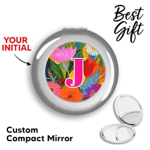 Bold Floral Monogram Compact Mirror | Personalized Initial Purse Mirror, Bright Travel Makeup Compact, Bridesmaid & Birthday Gift