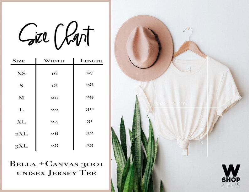May include: Size chart for a unisex jersey tee, showing width and length measurements in inches for sizes XS to 3XL. The chart is printed on a light brown background with black text. The text "BELLA + CANVAS 3001 UNISEX JERSEY TEE" is printed below the chart.