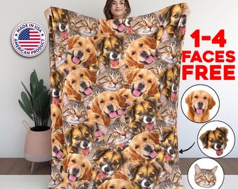 May include: A soft, brown and tan fleece blanket with a repeating pattern of dog and cat faces. The blanket is being held by a person. The text "1-4 FACES FREE" is in the top right corner of the image.