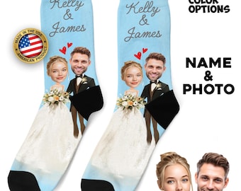 Custom Wedding Socks – Personalized Face Socks for Groom, Bride & Groomsmen, Funny Wedding Gift, Wedding Party Socks with Photo and Name