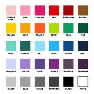 May include: A colour chart with 24 different colour squares. The colours are arranged in rows and columns. The colours include powder pink, pink, fuchsia, red, burgundy, brown, yellow, gold, orange, green, teal, pine, mint, forest, sky, blue, ocean, navy, lavender, purple, violet, grape, sangria, eggplant, silver, grey, shade, charcoal, black, and white.