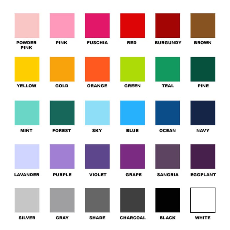 May include: A colour chart with 24 different colour squares. The colours are arranged in rows and columns. The colours include powder pink, pink, fuchsia, red, burgundy, brown, yellow, gold, orange, green, teal, pine, mint, forest, sky, blue, ocean, navy, lavender, purple, violet, grape, sangria, eggplant, silver, grey, shade, charcoal, black, and white.