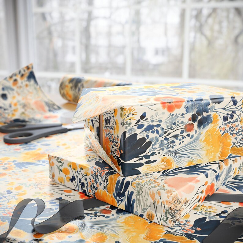 Boho Floral Wrapping Papers - Bohemian Gift Wrap Roll, Flower Print Paper, Birthday Present Packaging, Holiday Gift Wrap, Gift Wrapping